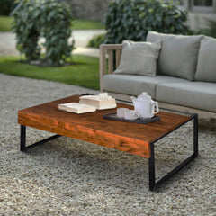Rectangular Wooden Industrial Coffee Table With Metal Sled Base, Brown And Black By Benzara