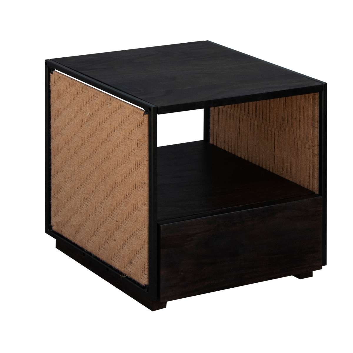 Single Drawer Solid Wood Nightstand With Open Storage And Jute Woven Side Panels, Black By Benzara | Nightstands |  Modishstore  - 11