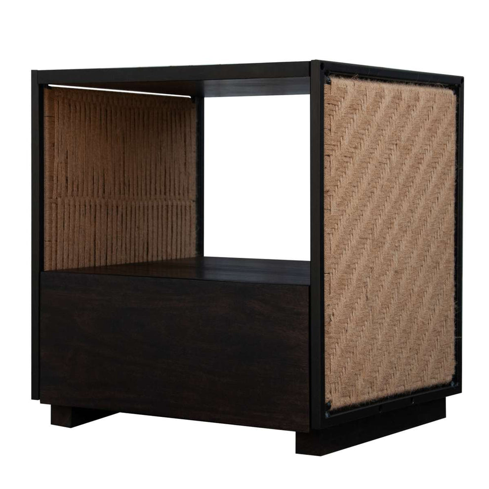 Single Drawer Solid Wood Nightstand With Open Storage And Jute Woven Side Panels, Black By Benzara | Nightstands |  Modishstore  - 10