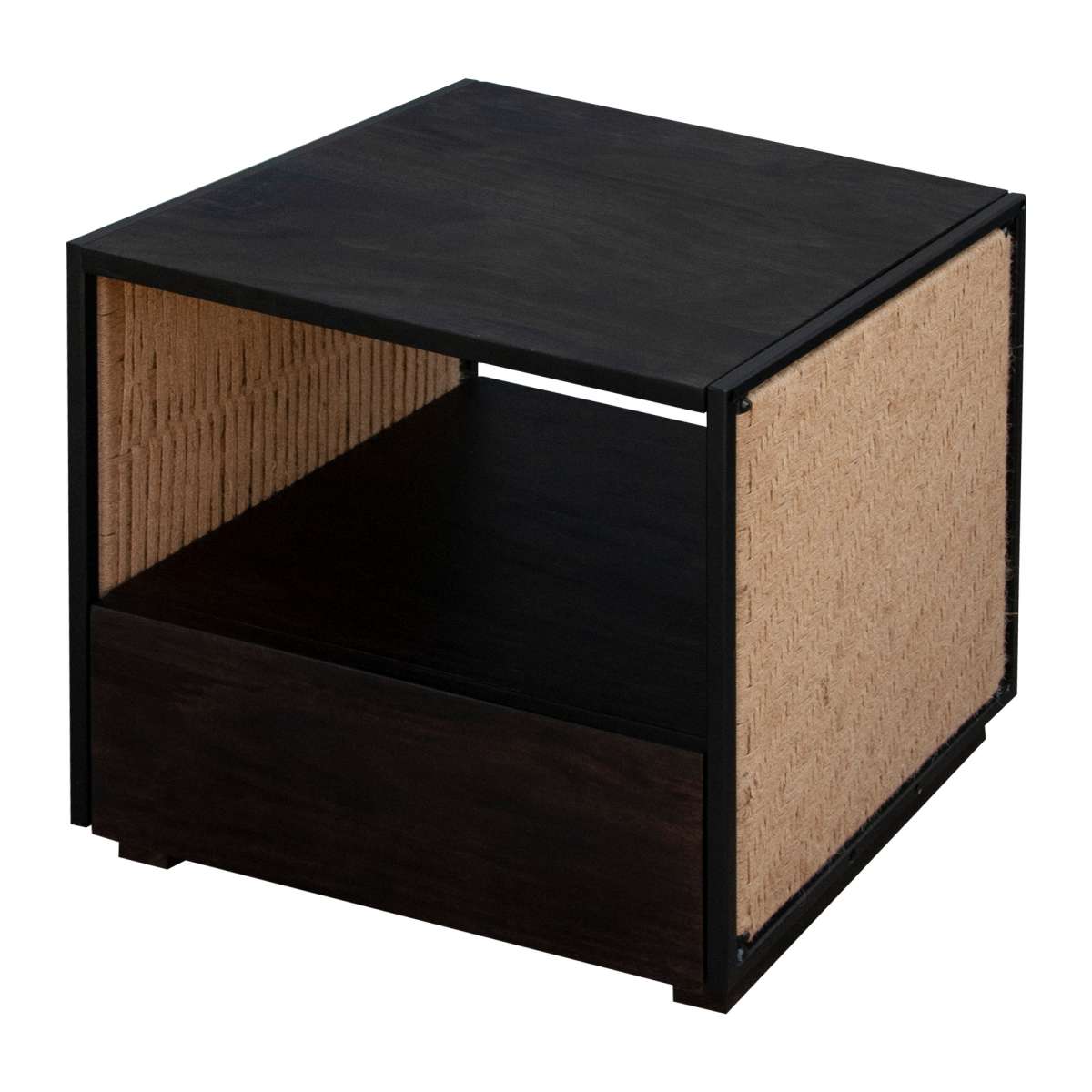 Single Drawer Solid Wood Nightstand With Open Storage And Jute Woven Side Panels, Black By Benzara | Nightstands |  Modishstore  - 9