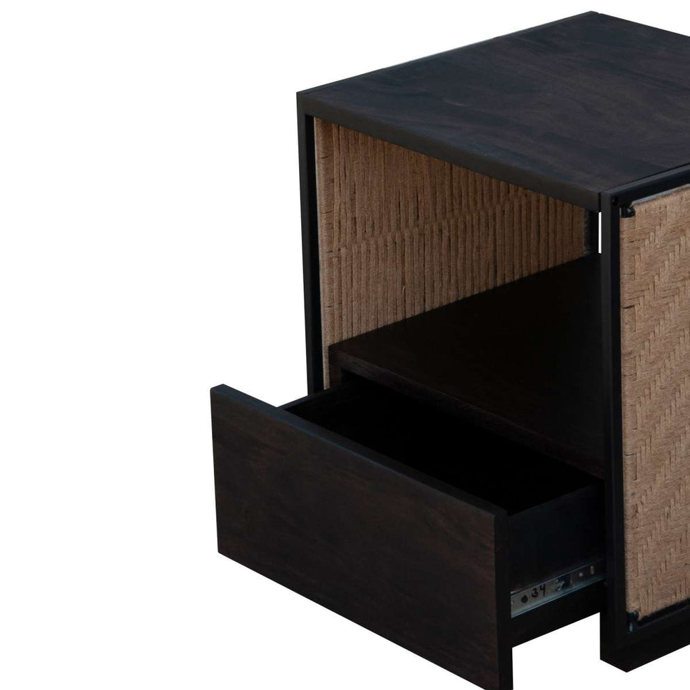 Single Drawer Solid Wood Nightstand With Open Storage And Jute Woven Side Panels, Black By Benzara | Nightstands |  Modishstore  - 4