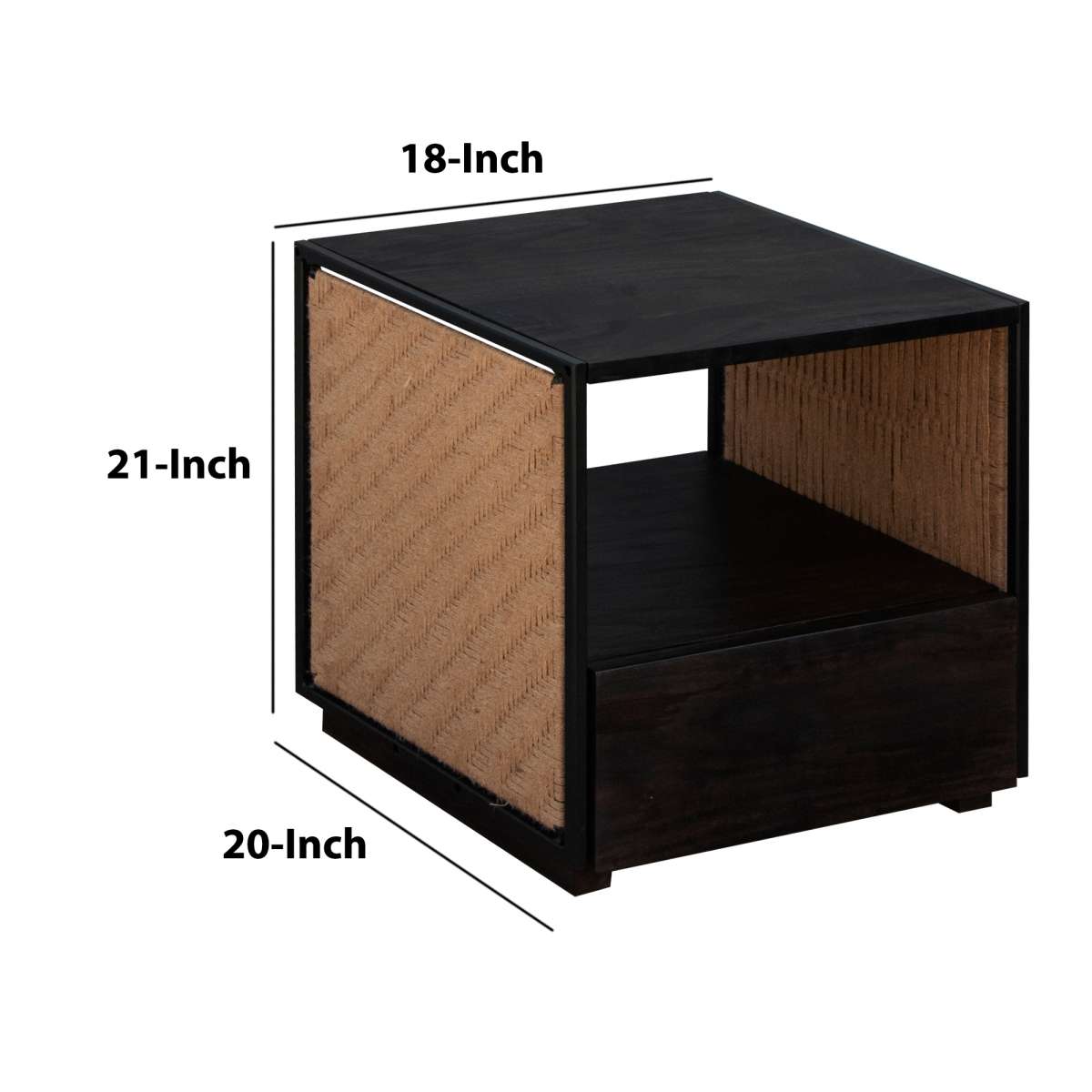 Single Drawer Solid Wood Nightstand With Open Storage And Jute Woven Side Panels, Black By Benzara | Nightstands |  Modishstore  - 3