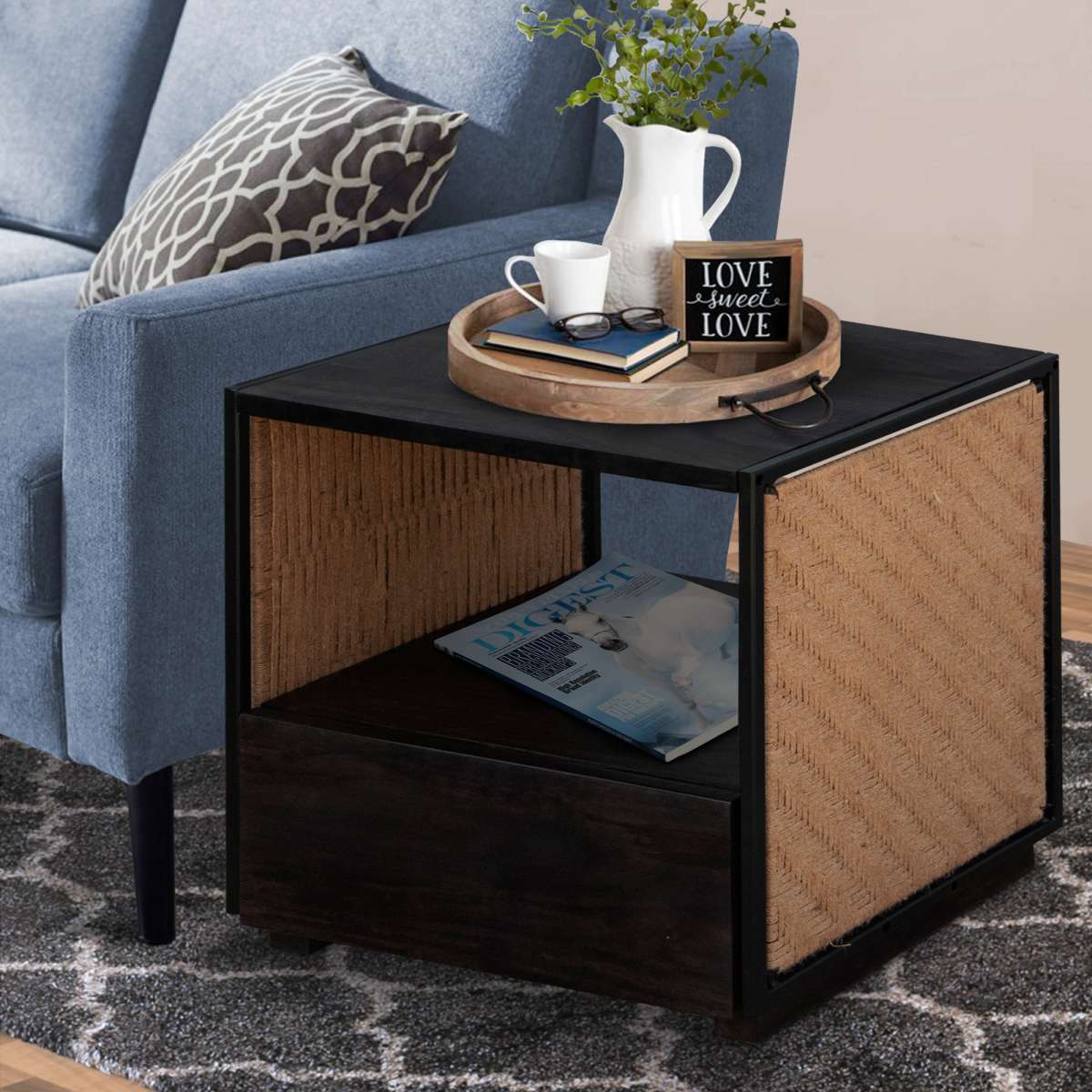 Single Drawer Solid Wood Nightstand With Open Storage And Jute Woven Side Panels, Black By Benzara | Nightstands |  Modishstore  - 2