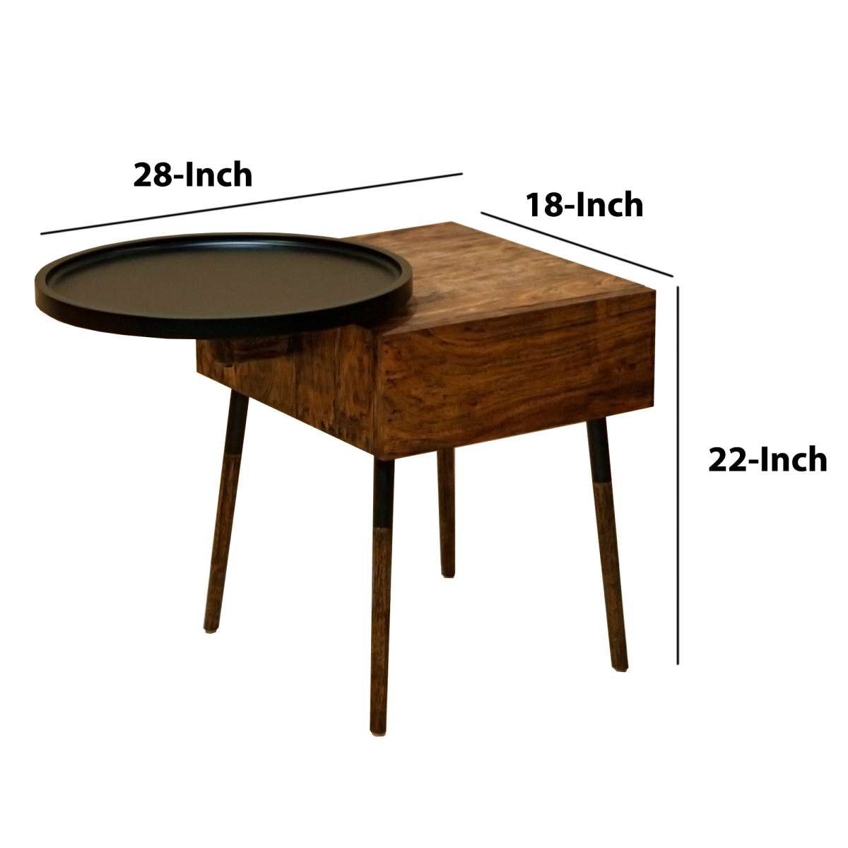 Single Drawer Industrial End Table With Conjoined Round Metal Tray, Brown And Black By Benzara | End Tables |  Modishstore  - 3