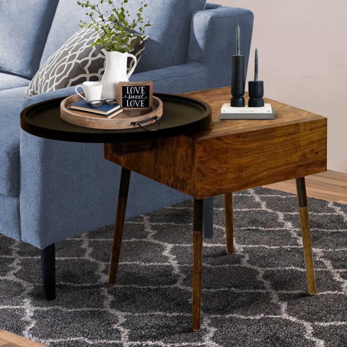 Single Drawer Industrial End Table With Conjoined Round Metal Tray, Brown And Black By Benzara | End Tables |  Modishstore 