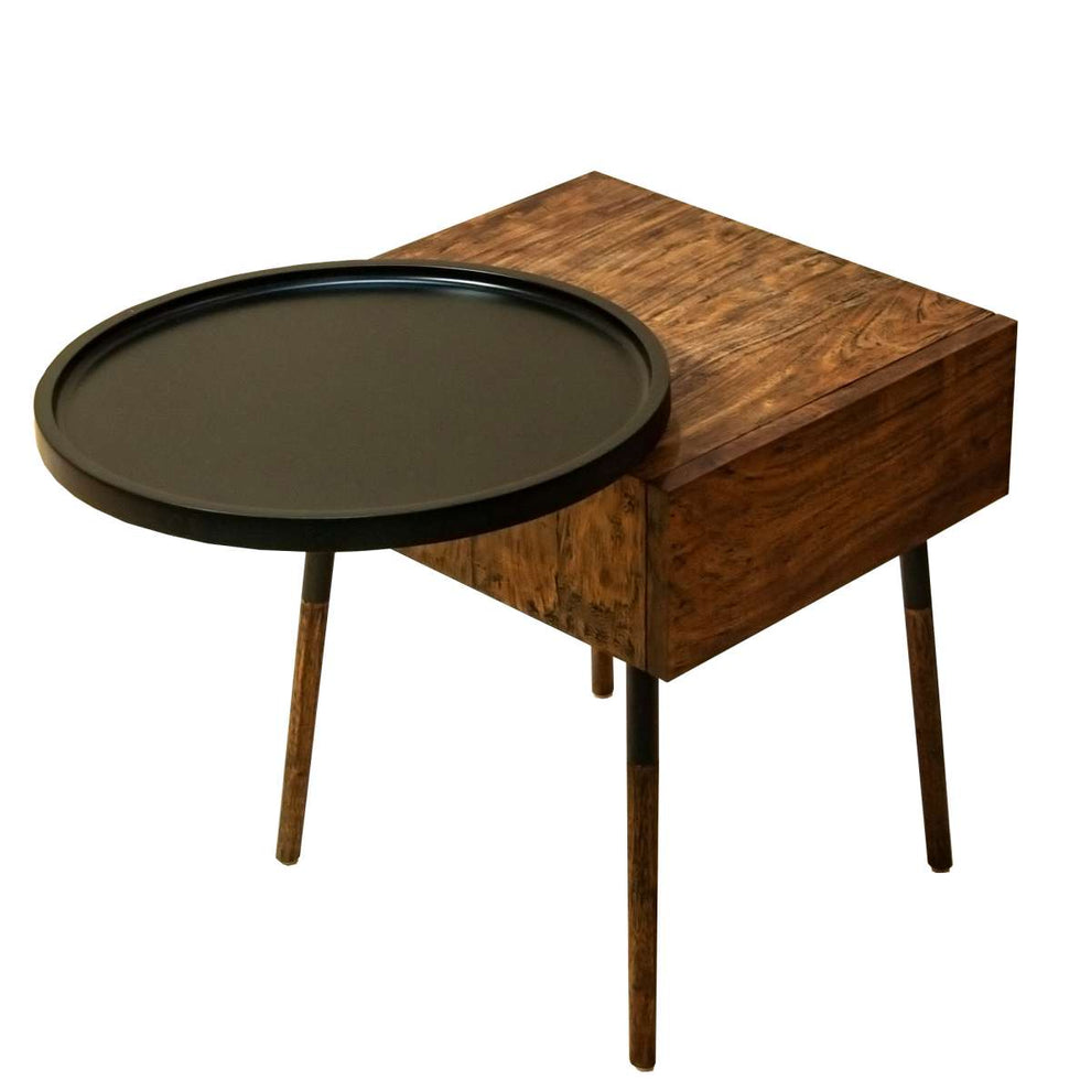 Single Drawer Industrial End Table With Conjoined Round Metal Tray, Brown And Black By Benzara | End Tables |  Modishstore  - 10