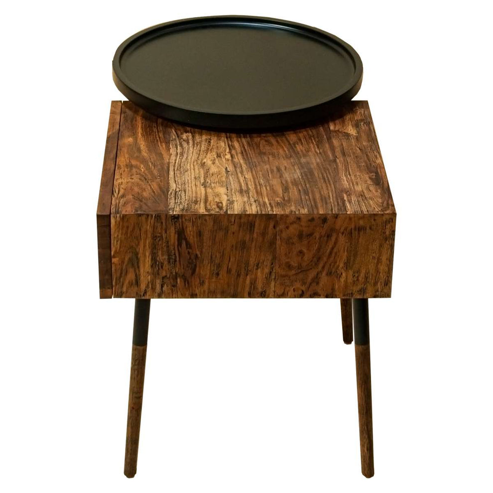 Single Drawer Industrial End Table With Conjoined Round Metal Tray, Brown And Black By Benzara | End Tables |  Modishstore  - 2