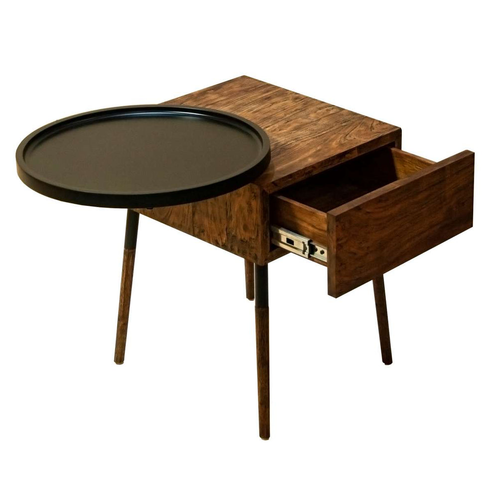 Single Drawer Industrial End Table With Conjoined Round Metal Tray, Brown And Black By Benzara | End Tables |  Modishstore  - 9