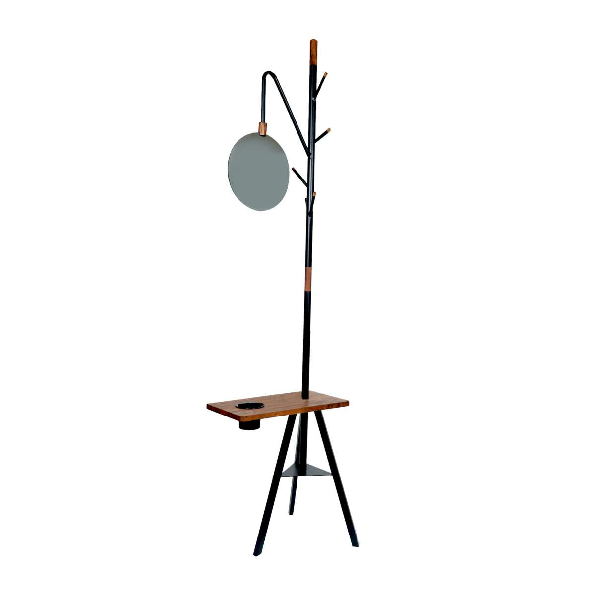 Standing Metal Coat Rack With Conjoined Mirror And Wooden Desk, Brown And Black By Benzara | Coat Racks |  Modishstore  - 6