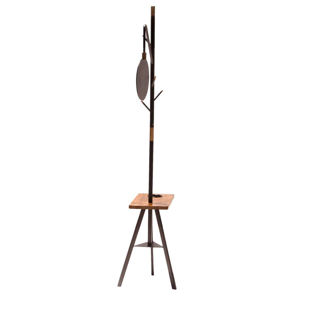 Standing Metal Coat Rack With Conjoined Mirror And Wooden Desk, Brown And Black By Benzara | Coat Racks |  Modishstore  - 5