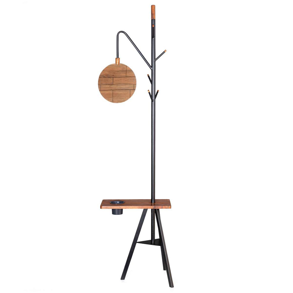 Standing Metal Coat Rack With Conjoined Mirror And Wooden Desk, Brown And Black By Benzara | Coat Racks |  Modishstore  - 4