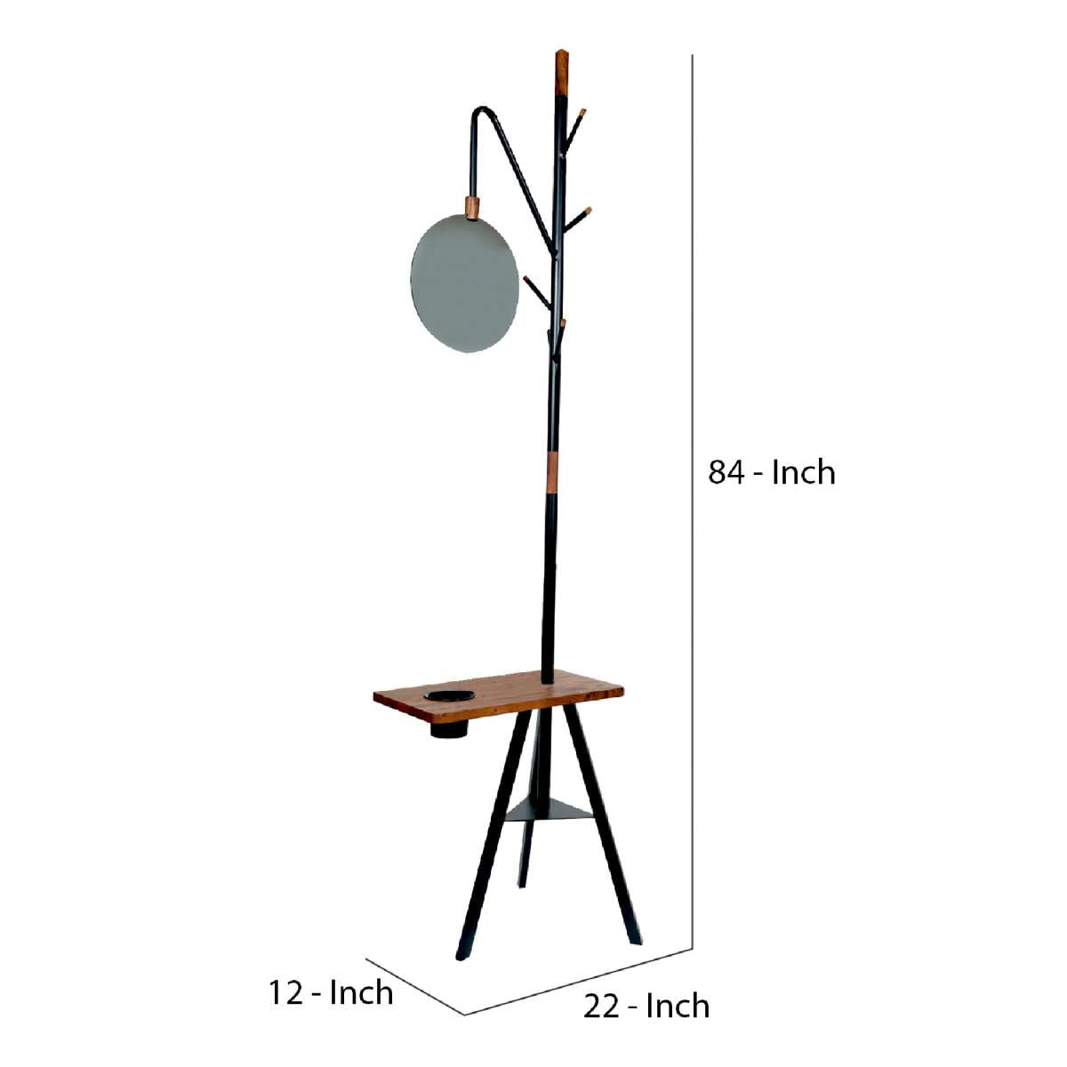 Standing Metal Coat Rack With Conjoined Mirror And Wooden Desk, Brown And Black By Benzara | Coat Racks |  Modishstore  - 2