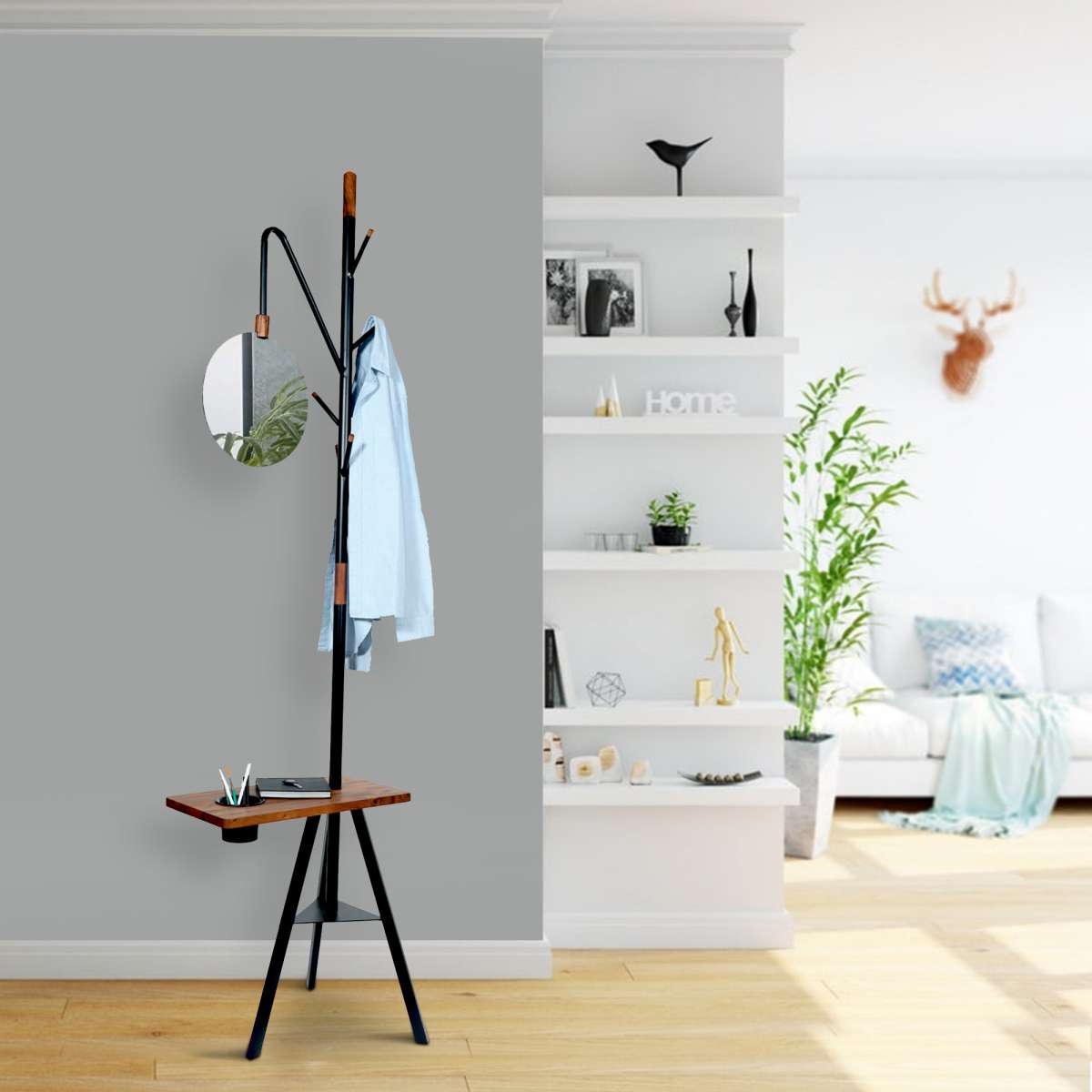 Standing Metal Coat Rack With Conjoined Mirror And Wooden Desk, Brown And Black By Benzara | Coat Racks |  Modishstore 