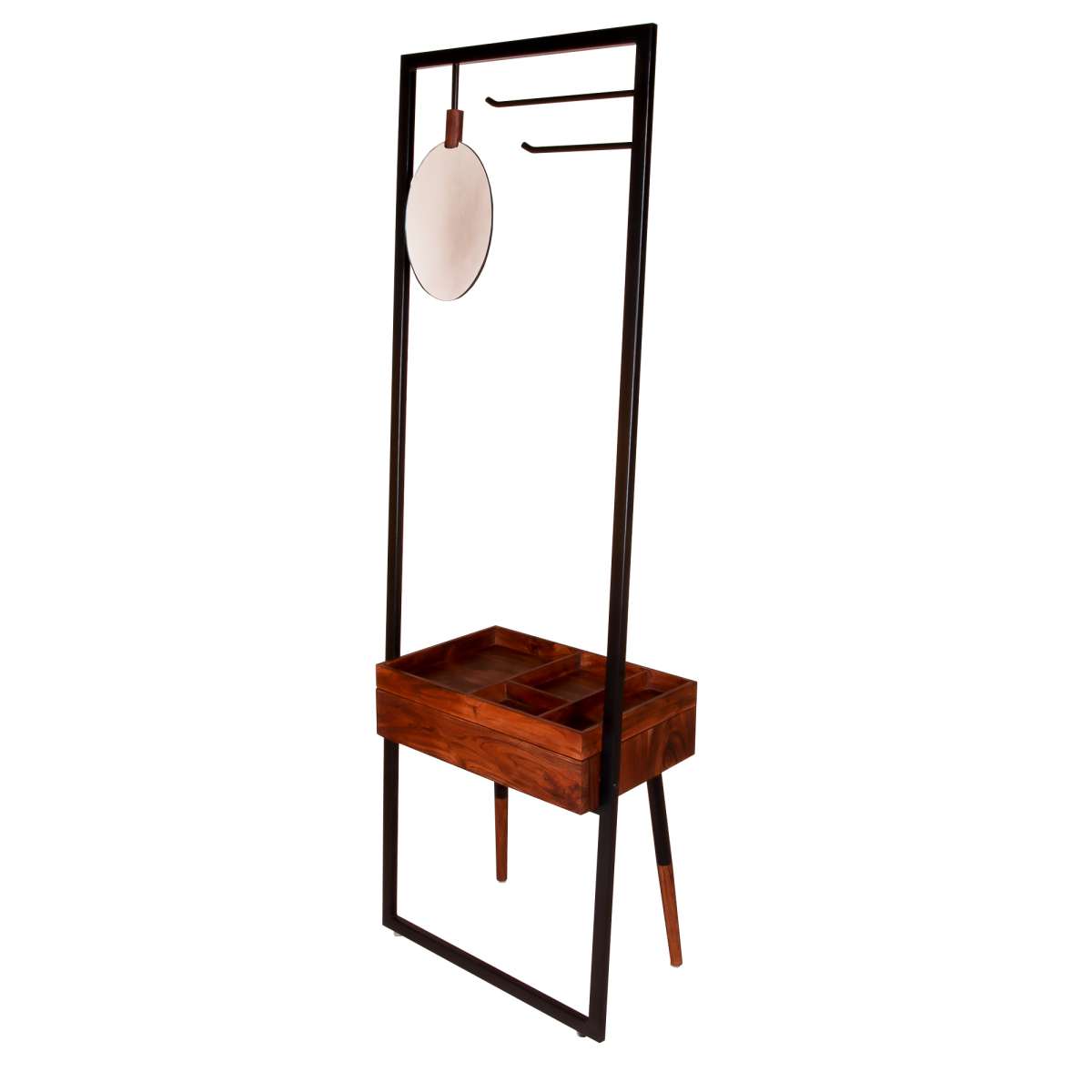 Standing Metal Coat Rack With Conjoined Mirror And 1 Drawer Desk, Brown And Black By Benzara | Coat Racks |  Modishstore  - 11