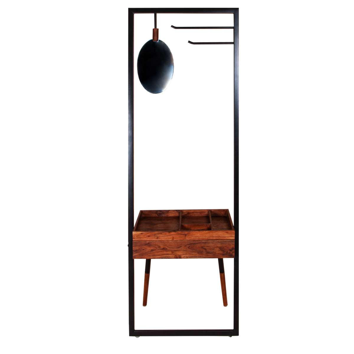 Standing Metal Coat Rack With Conjoined Mirror And 1 Drawer Desk, Brown And Black By Benzara | Coat Racks |  Modishstore  - 10