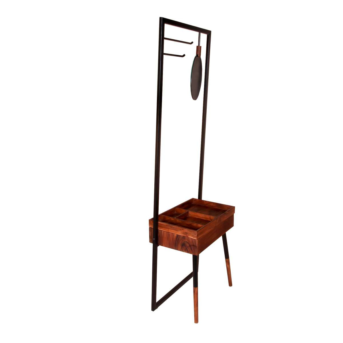 Standing Metal Coat Rack With Conjoined Mirror And 1 Drawer Desk, Brown And Black By Benzara | Coat Racks |  Modishstore  - 9