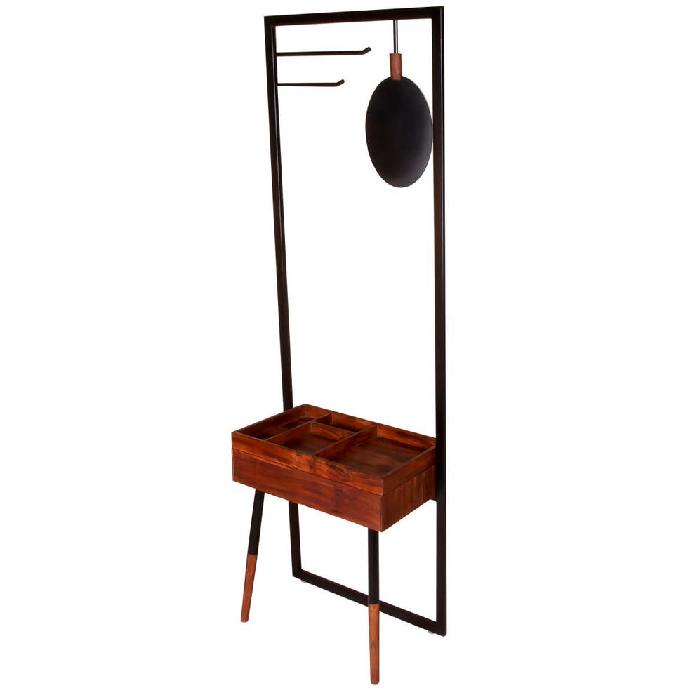 Standing Metal Coat Rack With Conjoined Mirror And 1 Drawer Desk, Brown And Black By Benzara | Coat Racks |  Modishstore  - 8