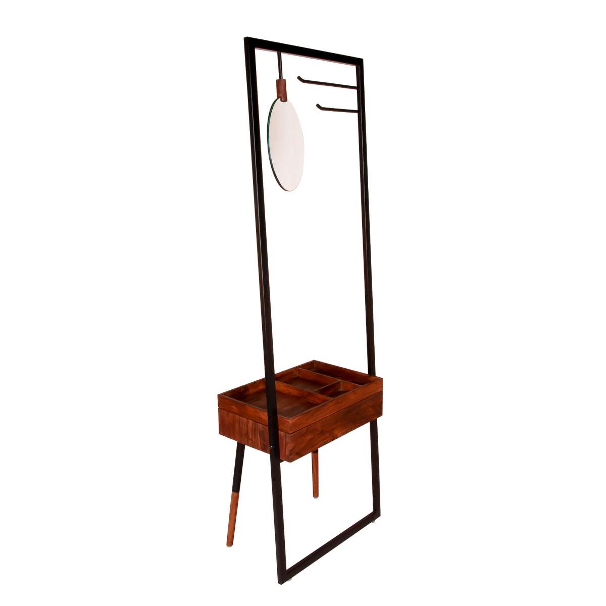 Standing Metal Coat Rack With Conjoined Mirror And 1 Drawer Desk, Brown And Black By Benzara | Coat Racks |  Modishstore  - 7