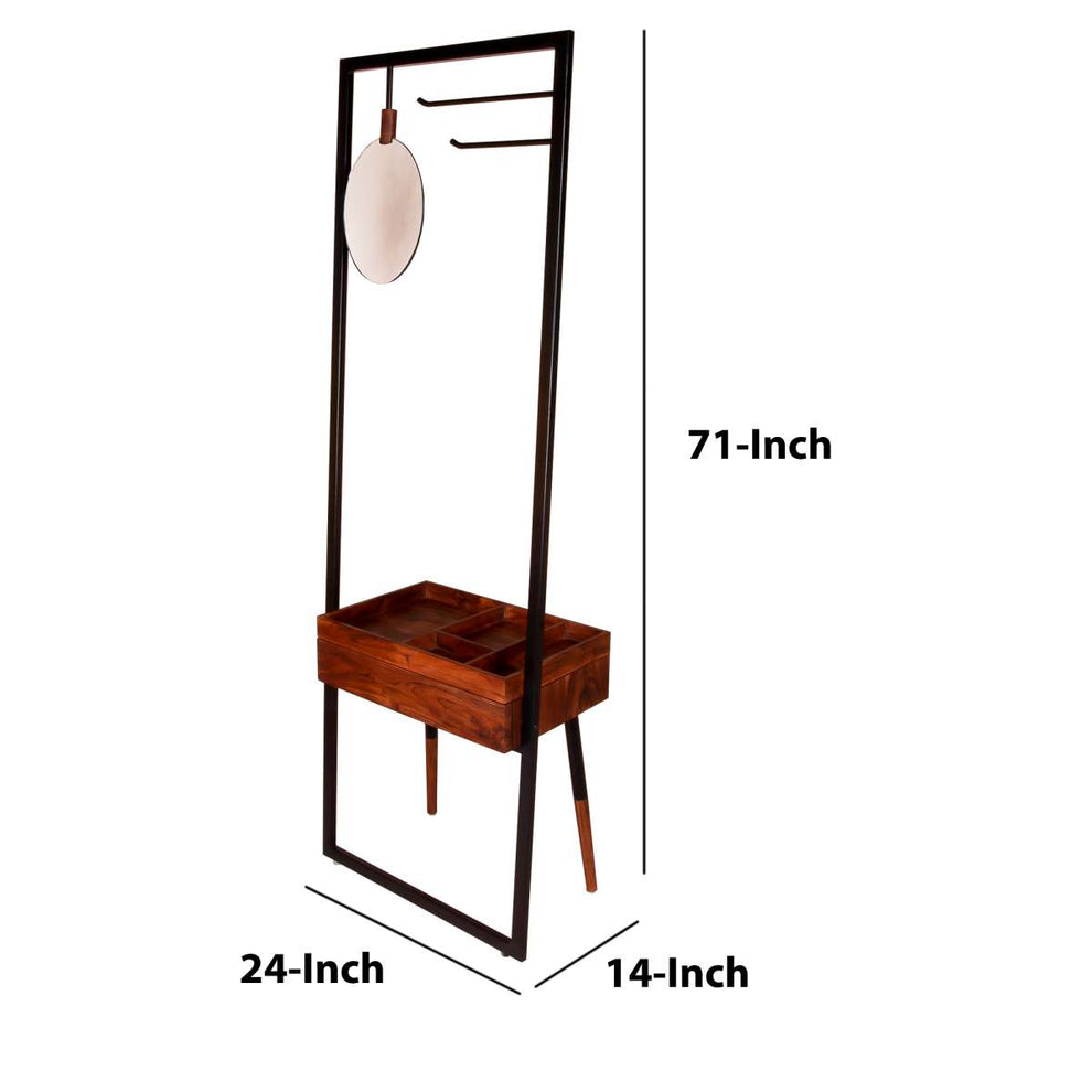 Standing Metal Coat Rack With Conjoined Mirror And 1 Drawer Desk, Brown And Black By Benzara | Coat Racks |  Modishstore  - 2