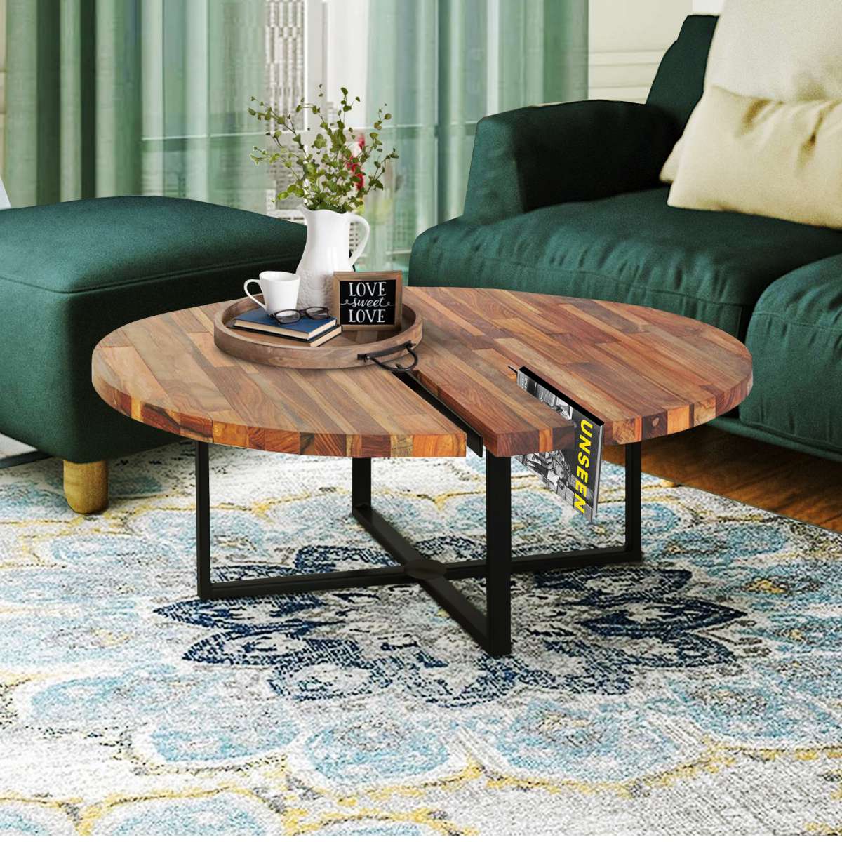 36 Inches Round Wooden Top Coffee Table With Metal Base, Brown And Black By Benzara | Coffee Tables |  Modishstore 
