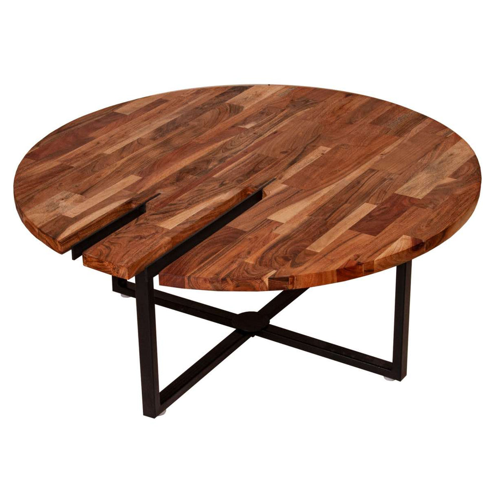 36 Inches Round Wooden Top Coffee Table With Metal Base, Brown And Black By Benzara | Coffee Tables |  Modishstore  - 9
