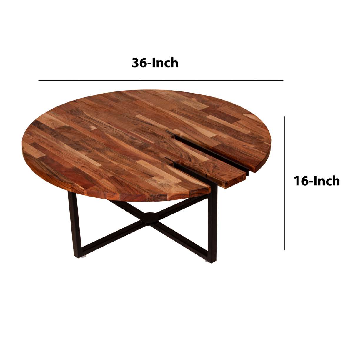 36 Inches Round Wooden Top Coffee Table With Metal Base, Brown And Black By Benzara | Coffee Tables |  Modishstore  - 3