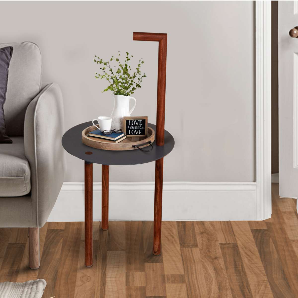 29 Inches Round Metal Top End Table With Inbuilt Wooden Pole, Brown And Black By Benzara | End Tables |  Modishstore 