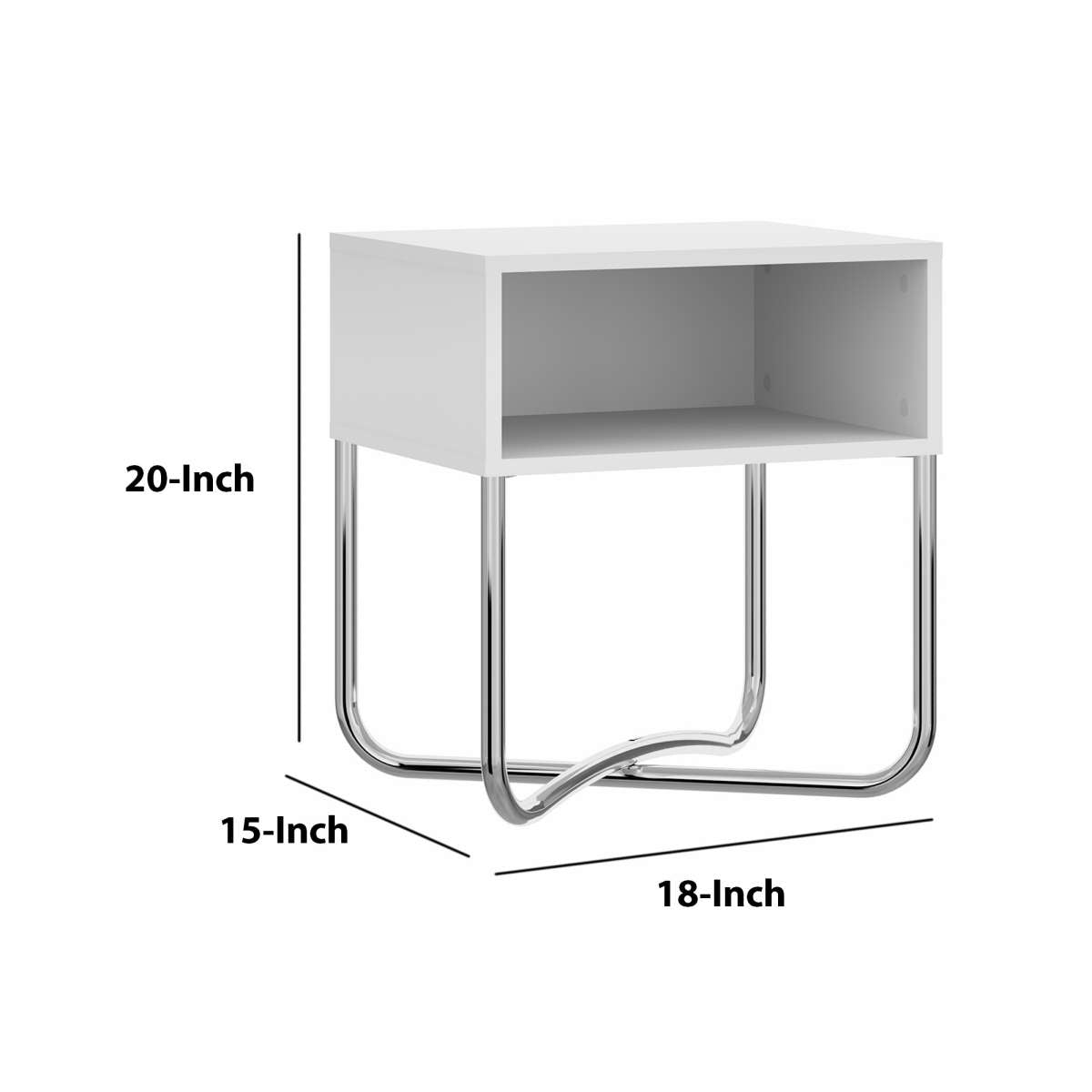 Bedside Nightstand With Open Compartment And Tubular Metal Base, White And Chrome By Benzara | Nightstands |  Modishstore  - 2