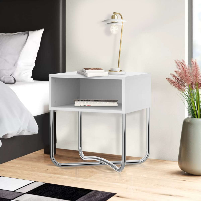 Bedside Nightstand With Open Compartment And Tubular Metal Base, White And Chrome By Benzara | Nightstands |  Modishstore 