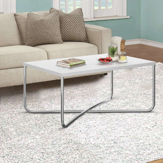 Coffee Table With Rectangular Top And X Base, White And Chrome By Benzara | Coffee Tables |  Modishstore 