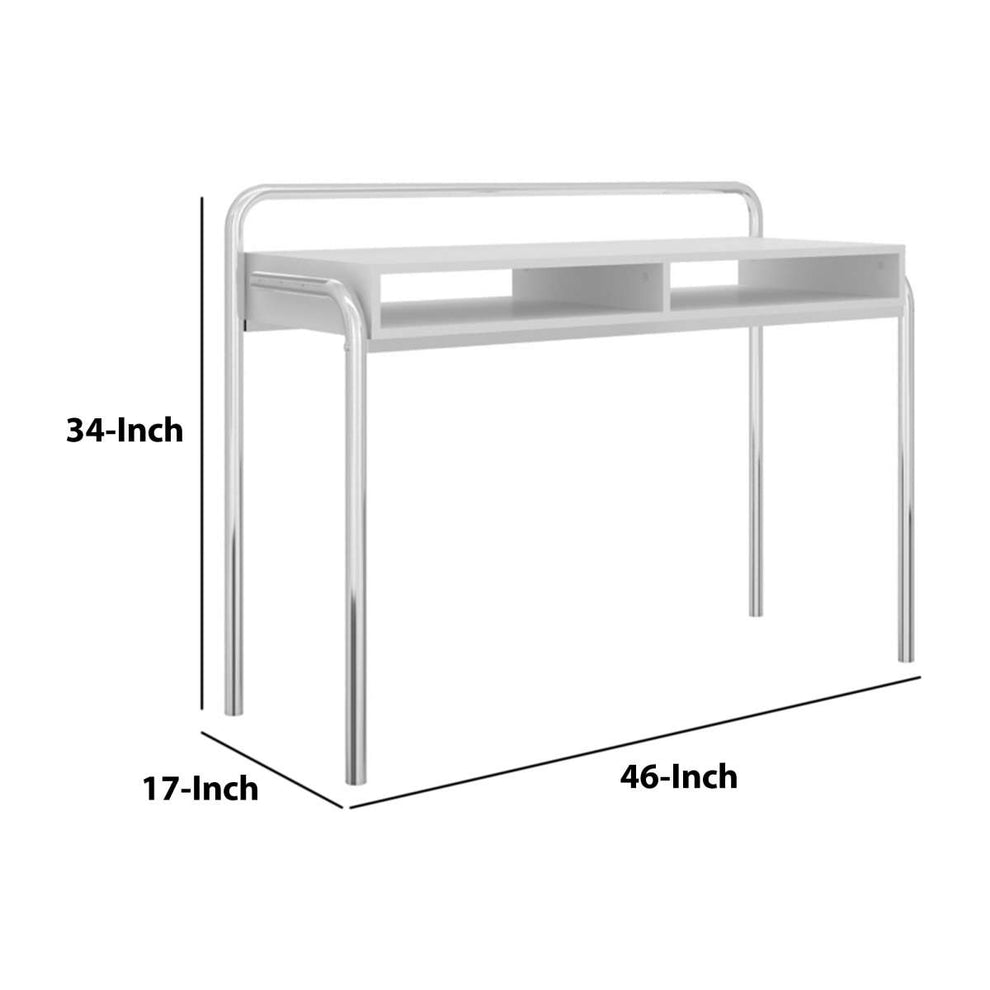 Office Desk With 2 Compartments And Tubular Metal Frame, White And Chrome By Benzara | Desks |  Modishstore  - 3