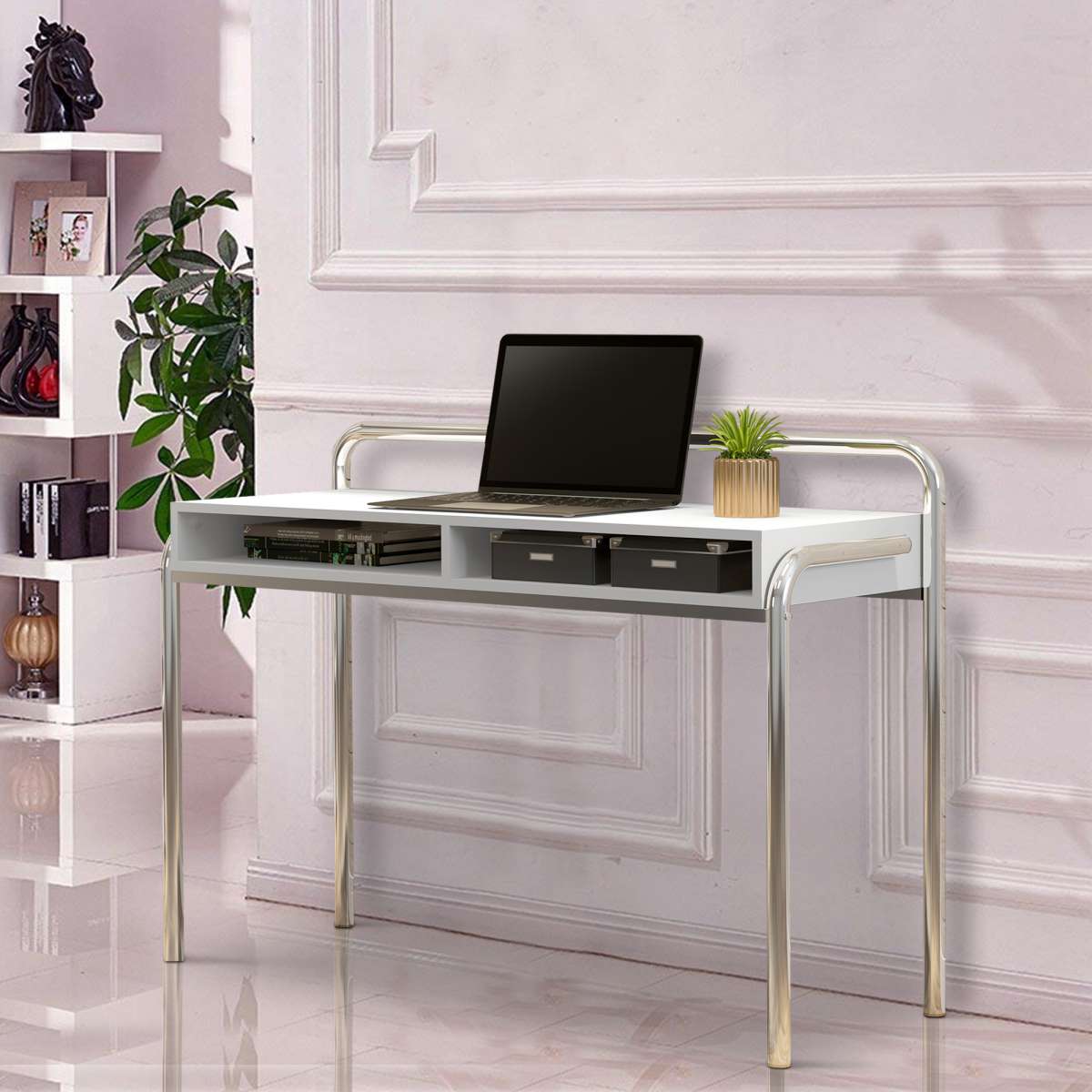 Office Desk With 2 Compartments And Tubular Metal Frame, White And Chrome By Benzara | Desks |  Modishstore 