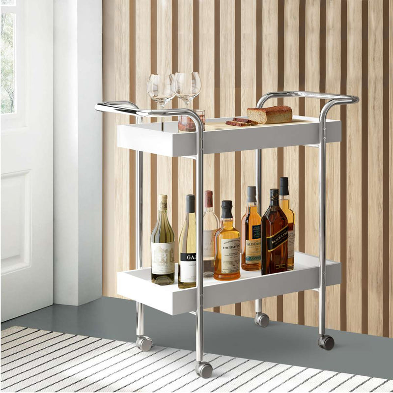 Storage Cart With 2 Tier Design And Metal Frame, White And Chrome By Benzara | Bar Carts |  Modishstore 