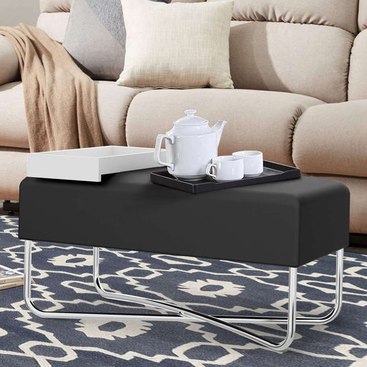 Pouffe With Rectangular Fabric Seat And Inbuilt Wooden Tray, Black And White By Benzara | Coffee Tables |  Modishstore 