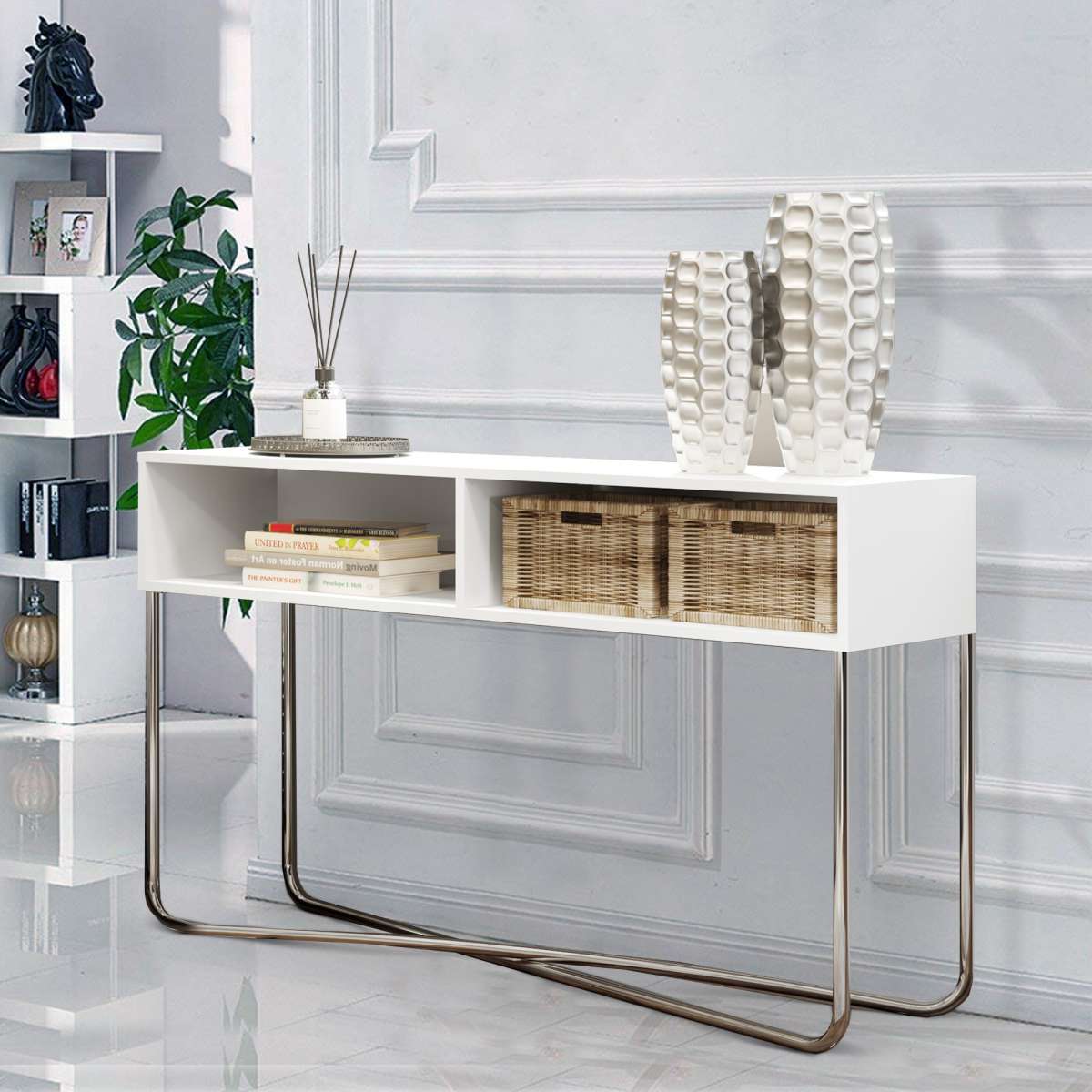 Wooden Console Table With 2 Open Compartments And Metal Frame, White And Chrome By Benzara | Console Tables |  Modishstore  - 2