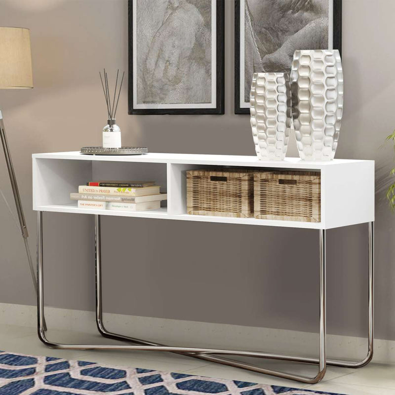 Wooden Console Table With 2 Open Compartments And Metal Frame, White And Chrome By Benzara | Console Tables |  Modishstore 