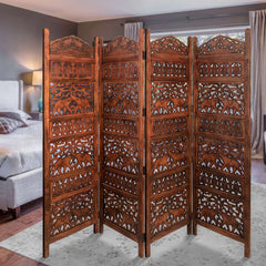 Traditionally Wooden Carved 4 Panel Room Divider Screen With Intricate Cutout Details, Brown By Benzara