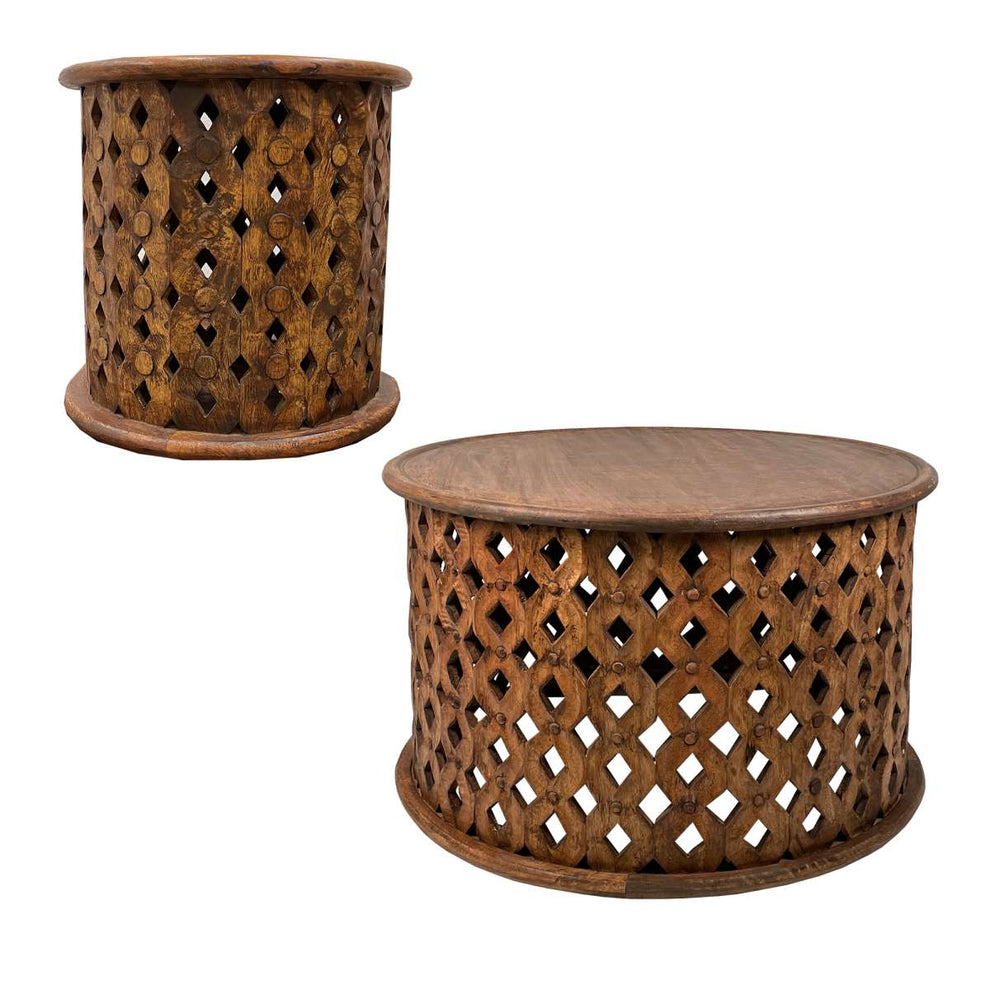 Farmhouse Round Coffee Table Set With Mango Wood Frame And Cut Out Design, Set Of 2, Brown By Benzara | Coffee Tables |  Modishstore  - 3