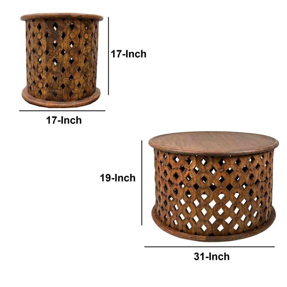 Farmhouse Round Coffee Table Set With Mango Wood Frame And Cut Out Design, Set Of 2, Brown By Benzara | Coffee Tables |  Modishstore  - 4