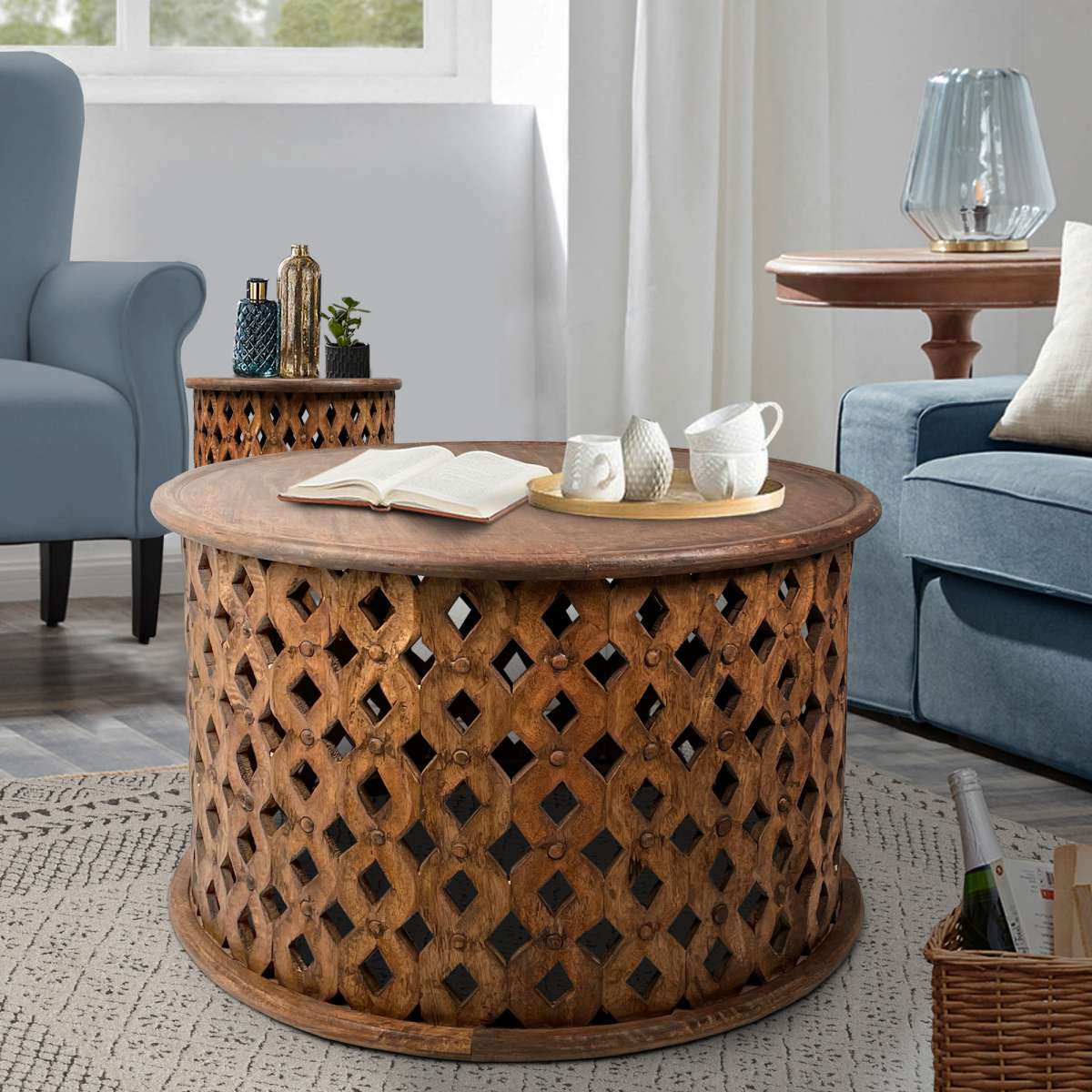 Farmhouse Round Coffee Table Set With Mango Wood Frame And Cut Out Design, Set Of 2, Brown By Benzara | Coffee Tables |  Modishstore 