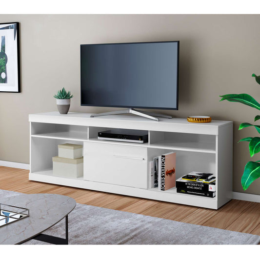 71 Inch Wooden Tv Stand With Open Compartments And Sliding Door, White By Benzara | TV Stands |  Modishstore 