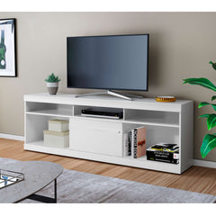71 Inch Wooden Tv Stand With Open Compartments And Sliding Door, White By Benzara