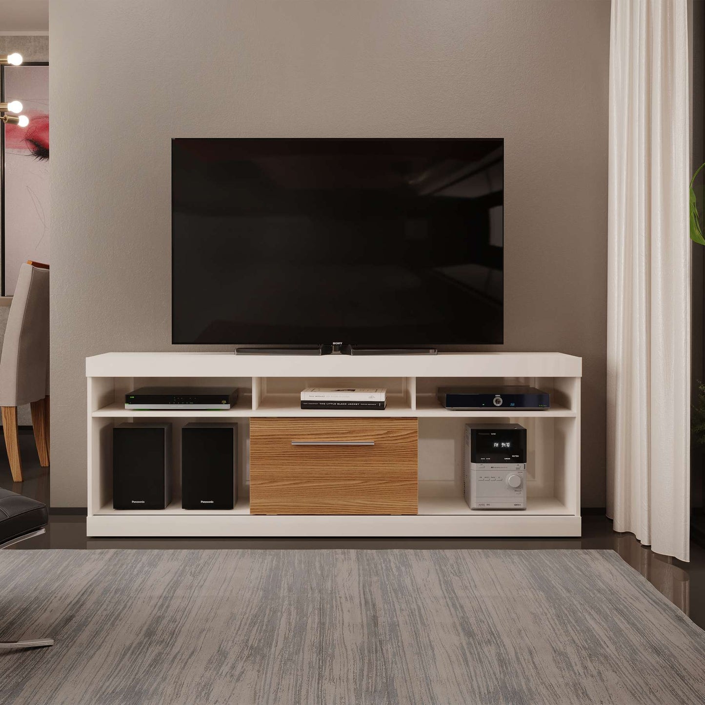 71 Inch Tv Stand With Open Compartments And Sliding Door, Off White And Oak By Benzara | TV Stands |  Modishstore 