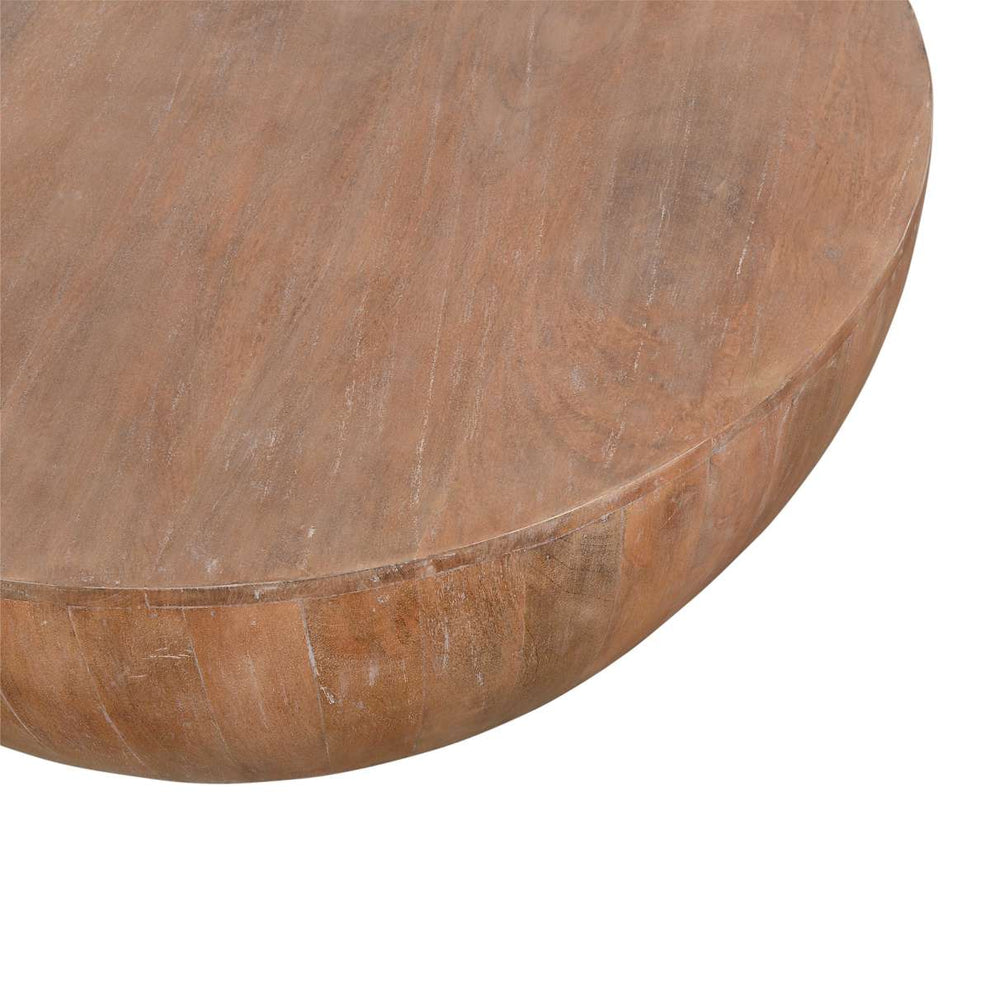 Drum Shape Wooden Coffee Table With Plank Design Base, Distressed Brown By Benzara | Coffee Tables |  Modishstore  - 5