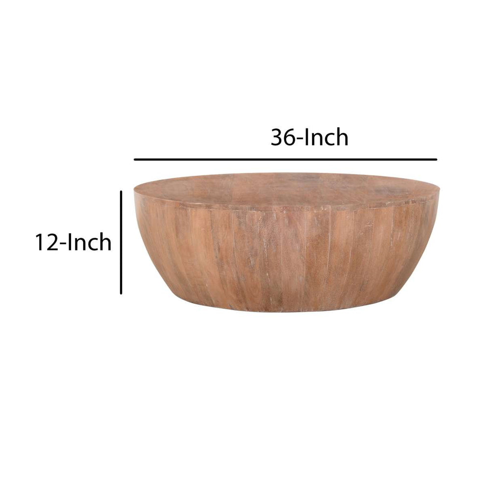 Drum Shape Wooden Coffee Table With Plank Design Base, Distressed Brown By Benzara | Coffee Tables |  Modishstore  - 3