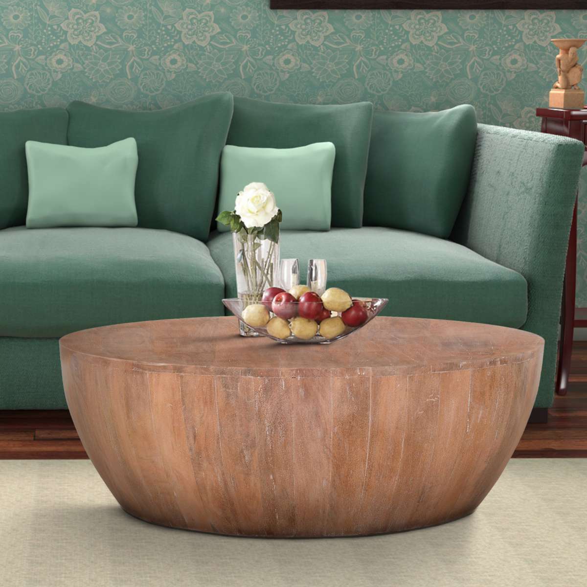 Drum Shape Wooden Coffee Table With Plank Design Base, Distressed Brown By Benzara | Coffee Tables |  Modishstore 