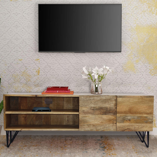 Industrial Style Mango Wood And Metal Tv Stand With Storage Cabinet, Brown By Benzara | TV Stands |  Modishstore 