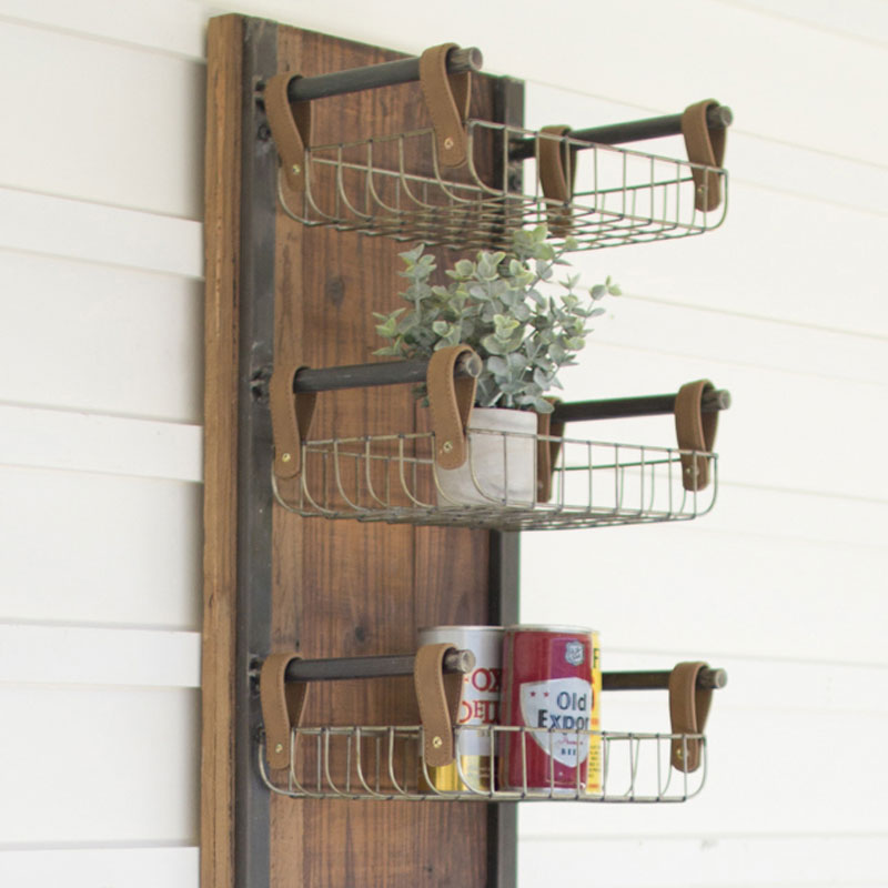 Kalalou Recycled Wood & Metal Wall Rack With Six Wire Storage Baskets-2