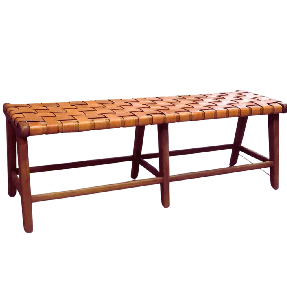 Leather Woven Bench  - Marlboro Leather & Teak Bench 4.4 feet-Multipurpose Entryway, Dining Room, End of the Bed | Benches | Modishstore-