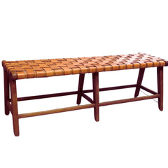 Leather Woven Bench  - Marlboro Leather & Teak Bench 4.4 feet-Multipurpose Entryway, Dining Room, End of the Bed